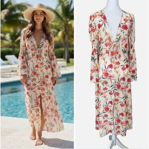Boho Floral Kimono Duster Resort Cover-Up Open Front w/Tie Beach M Ember